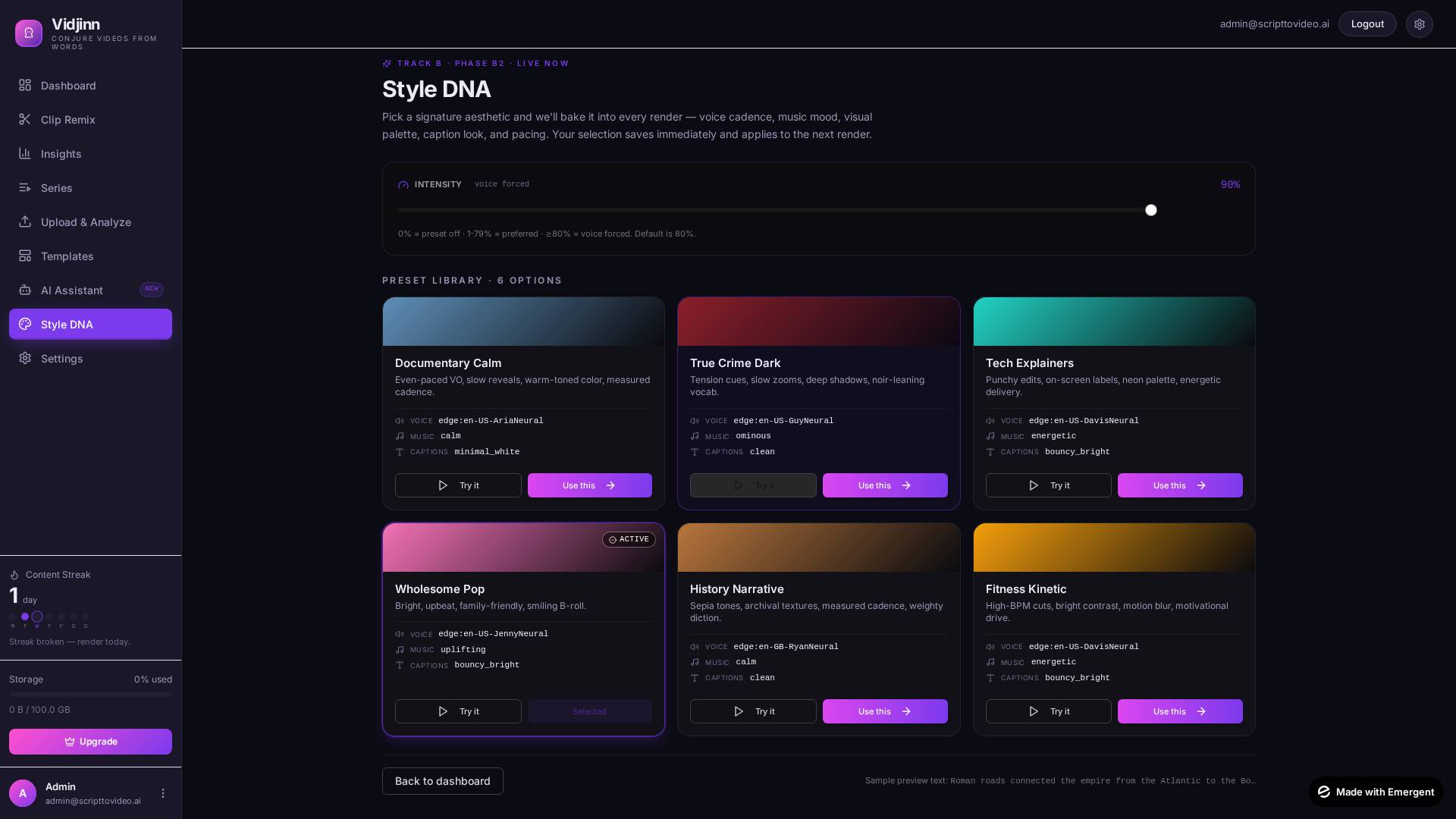 Style DNA preset selector with intensity slider and live preview