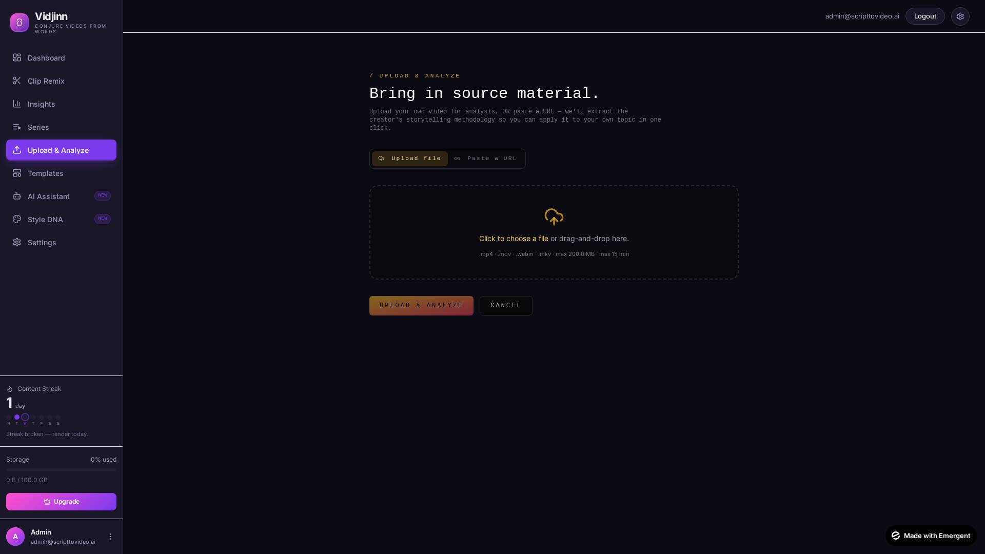Upload & Analyze page showing the URL methodology card for extracting hook structure